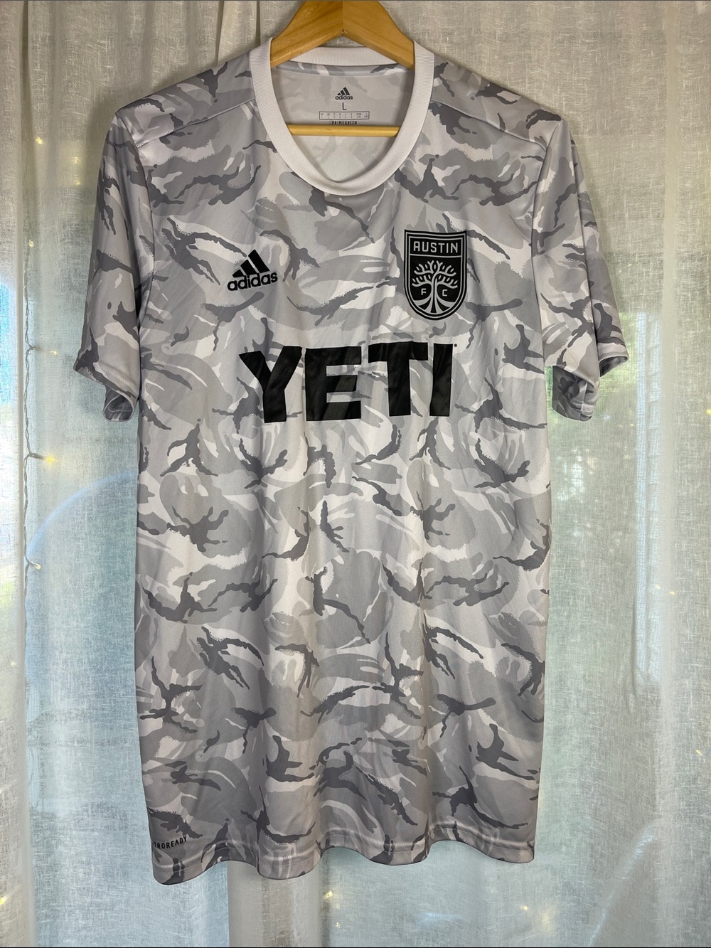 adidas Austin FC White & Gray Camo Soccer Pre-Match Jersey with YETI Logo (S1)